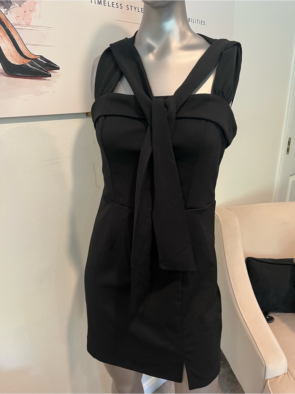 Elegant Black Changeable Tie-Detail Mini Dress M EUC